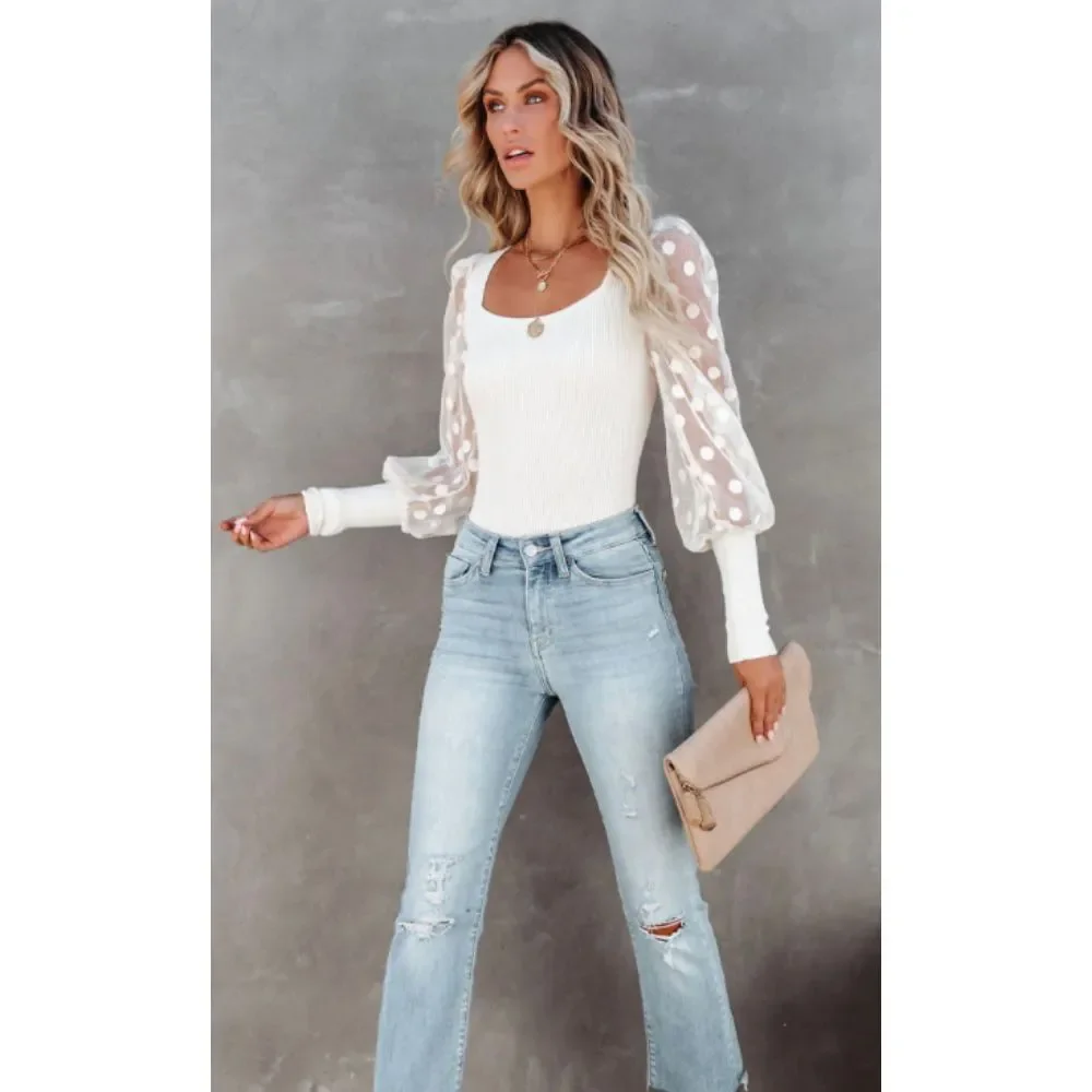 🔥 POLKA DOT • LONG SLEEVE KNIT TOP - IVORY - XL🔥 - Picture 6 of 10